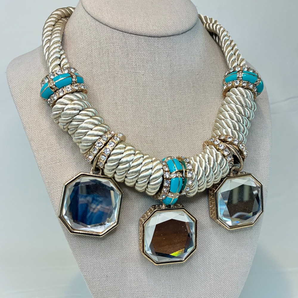 Chunky Statement Rope Necklace Rhinestone Faceted Mirror Pendants Gold Tone - Picture 9 of 16